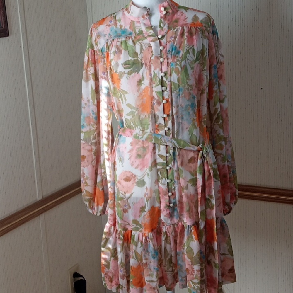 Taylor Pink and Orange Floral Long-Sleeve Button Dress with Tie Waist, Cottage C - Picture 3 of 10